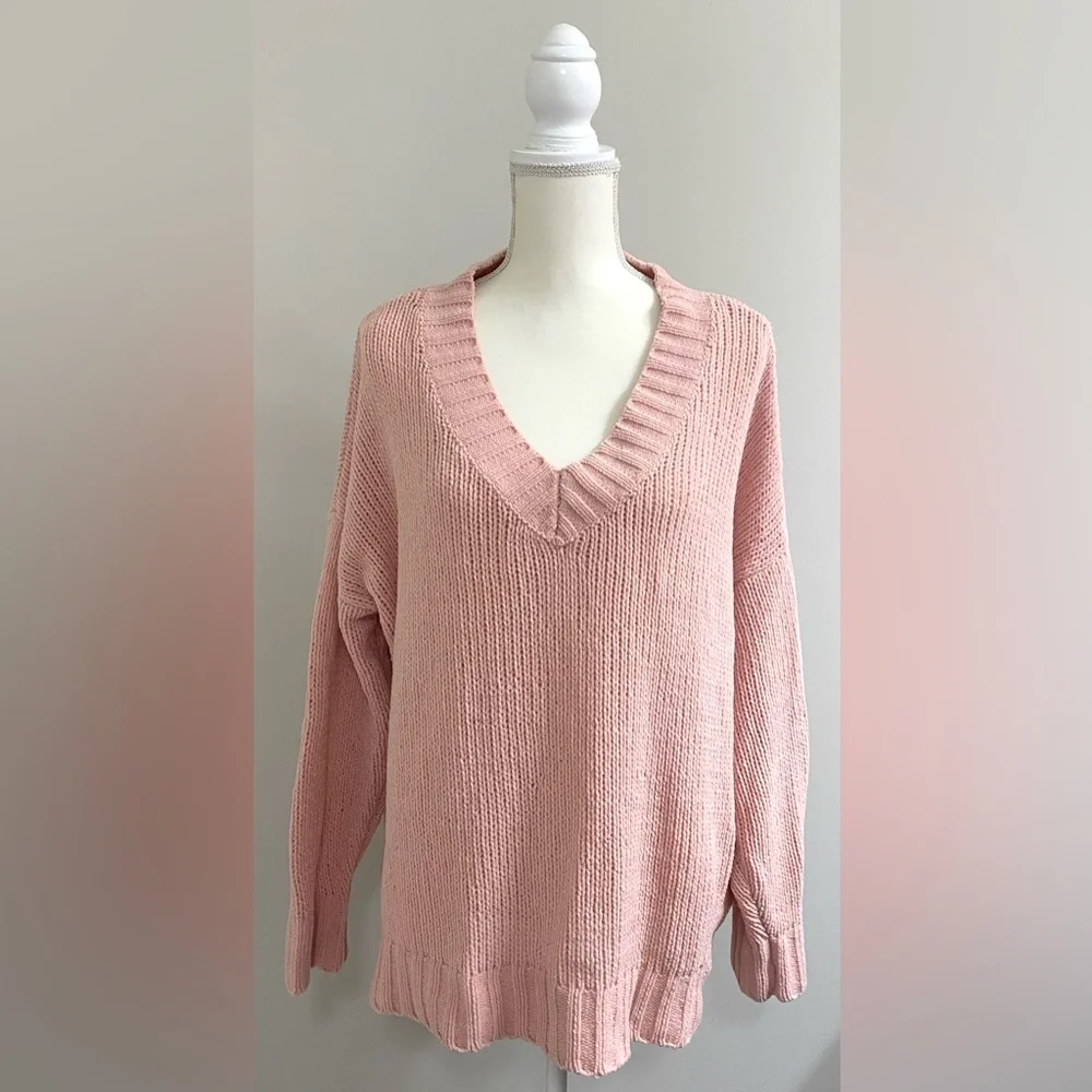 Aerie Womens S Pink Oversized Long Sleeve V-Neck Sweater Boho Cottage Cabincore - Picture 1 of 15